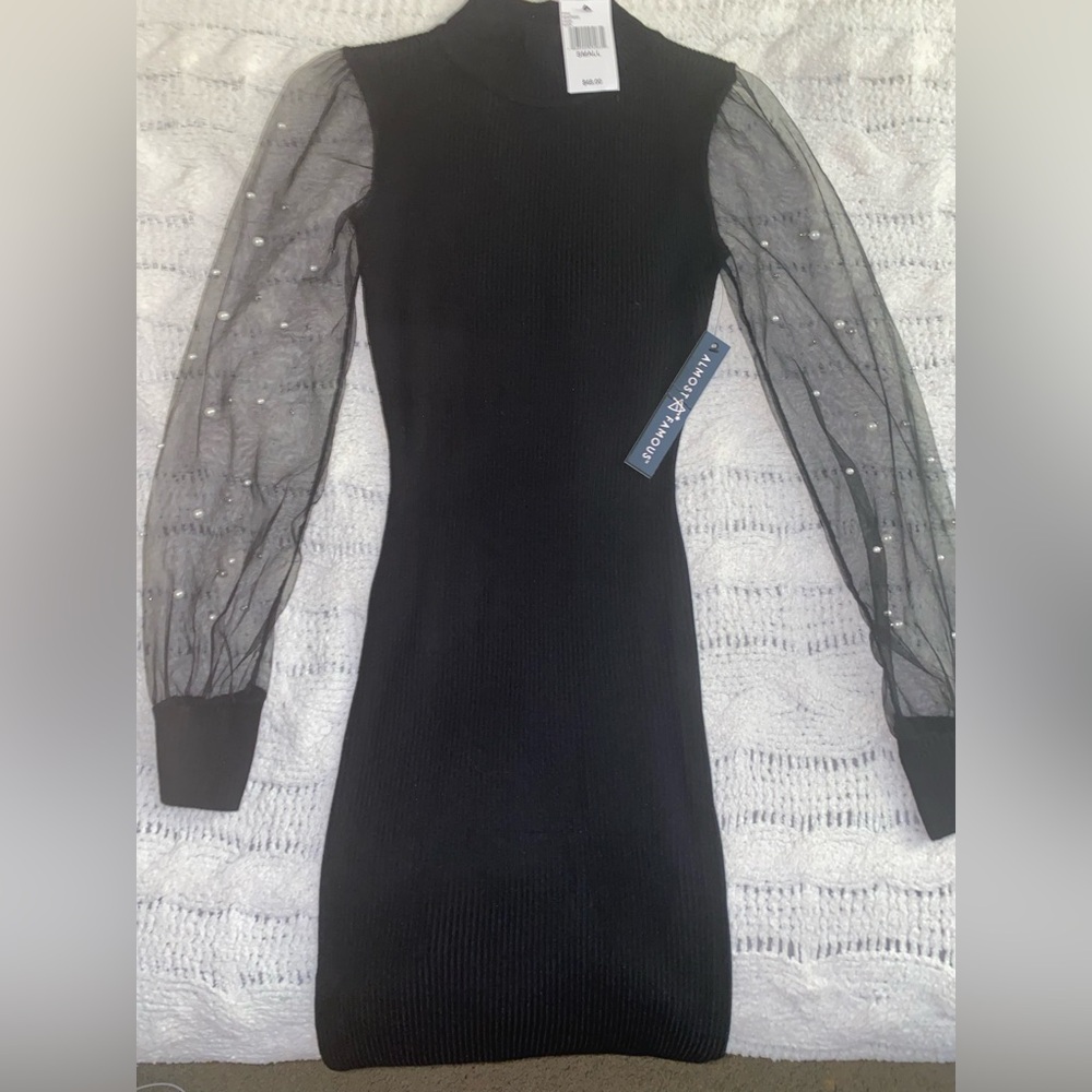 Almost Famous Black Mesh w/ Pearls Long Sleeve Bodycon Dress